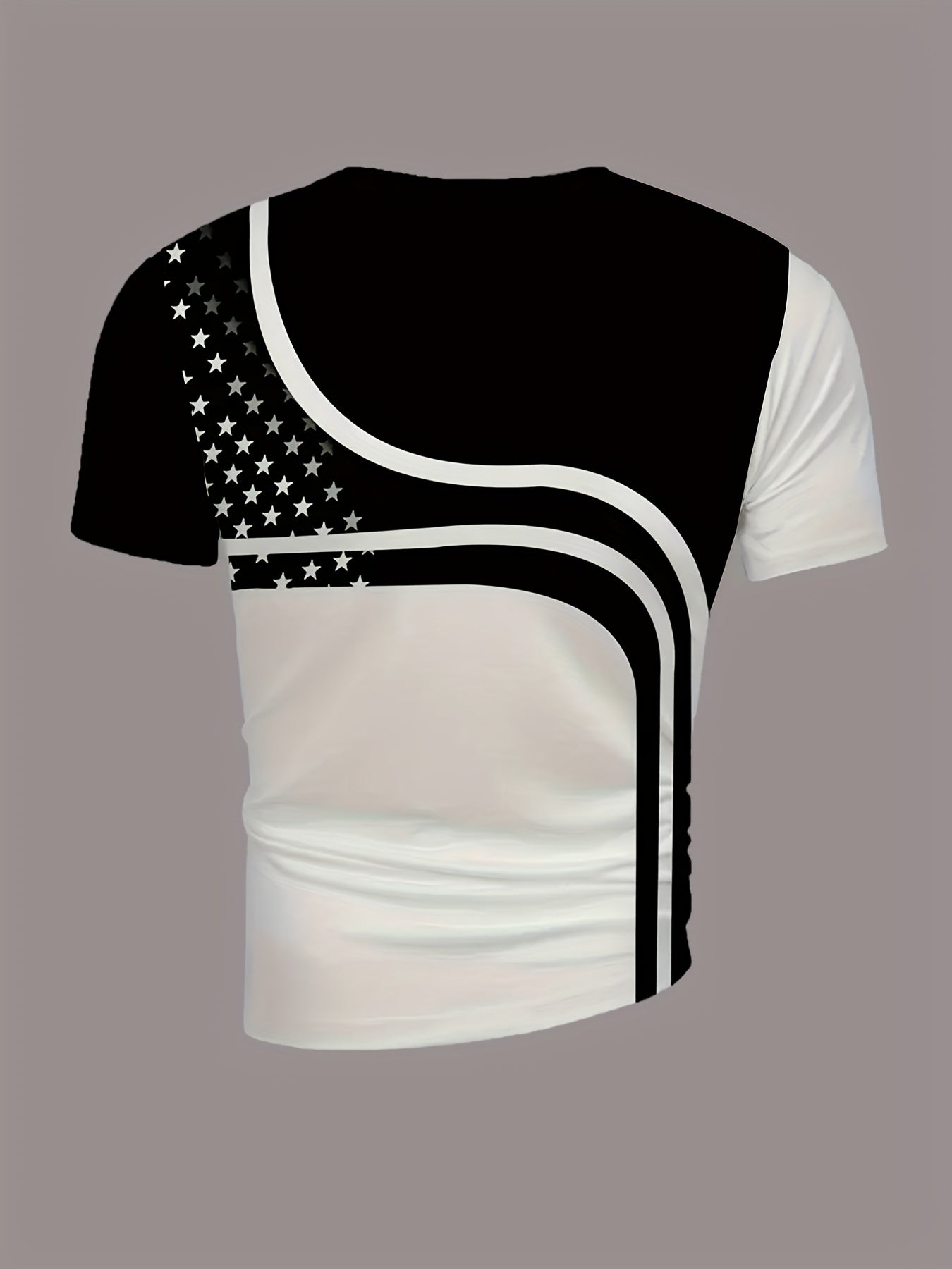 Men'S Black  White Star Stripe T-Shirt with "King" Print - Casual Round Neck Short Sleeve, Curved Design, Breathable Fabric for Summer, Casual Attire, Comfortable Fit