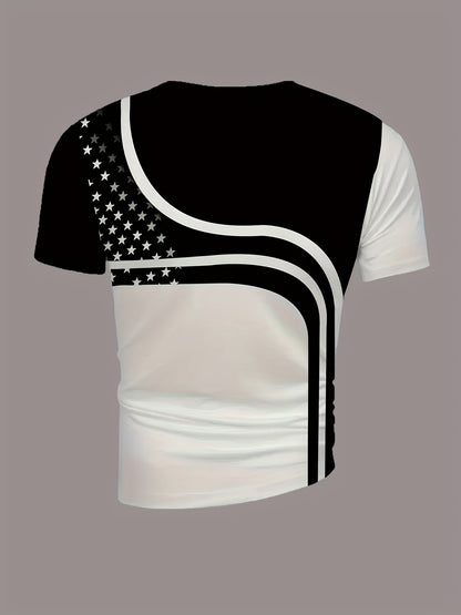 Men'S Black  White Star Stripe T-Shirt with "King" Print - Casual Round Neck Short Sleeve, Curved Design, Breathable Fabric for Summer, Casual Attire, Comfortable Fit