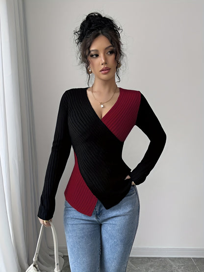 Women'S Elegant Color Block Long Sleeve T-Shirt - V-Neck, Slim Fit, & Pink, Comfortable & Stylish for Spring/Fall, Versatile Casual or Dressy Outfits, Versatile Fashion | Vneck Top | Construction, Ladies T Shirts