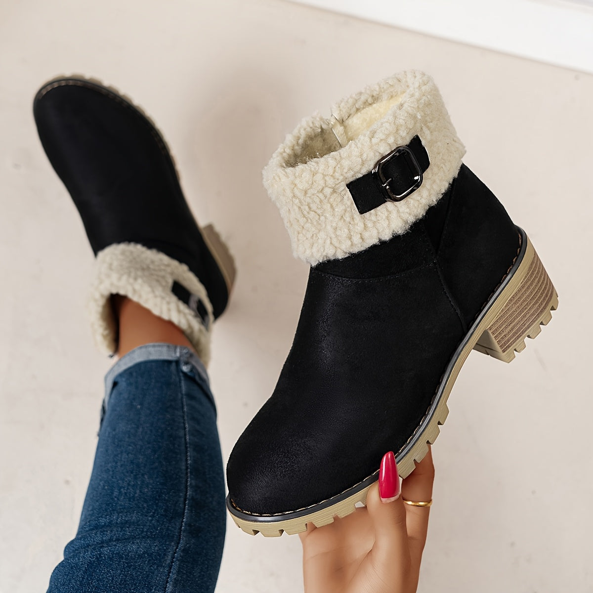 Chunky And Clssic Women'S Ankle Boots, Comfortable And Elegent Woemen Shoes. Warmth Khaki、Black And Beige Winter Women' Boots. Solid-Colored. Fleece-Lined Boots, Heighten And Non-Slip Lighhtweight Shoes with Cute Round Toe.
