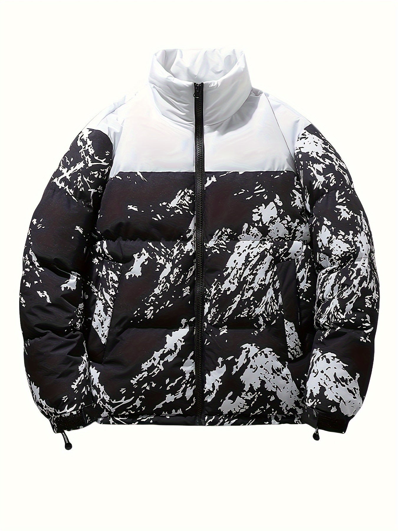 Men's Winter Jacket Windproof Coat with Stand Collar & Camo Marbled Pattern (Black/White/Grey) - Thickened Padded, Full-Zip Closure, for Skiing,, Outdoor Activities - Cold Weather Survival
