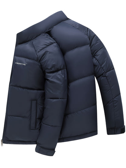 Men'S Winter Warm Jacket - Stylish Black Stand Collar with "CONTRIBUTING" Lettering, Long Sleeve, Zip-Up, Polyester Fleece Lined, Casual Outdoor Sportswear, Winter Jacket, Men, Men'S Business Coat, Men'S Outer Winter, Winter