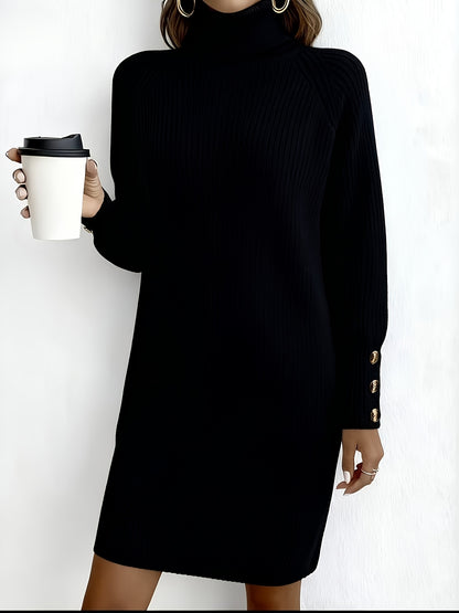 Women's Dark Green (Navy/Turquoise-Free) Sweater Dress - High Neck Collar & Single-Breasted Button Front, A-Line Silhouette Long Sleeve Coat Dress for Winter,, Office, Semi-Formal Wear (Hand Washable)
