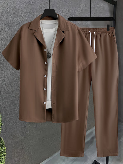 Men's Casual Short Sleeve Shirt & Long Pants Summer Set