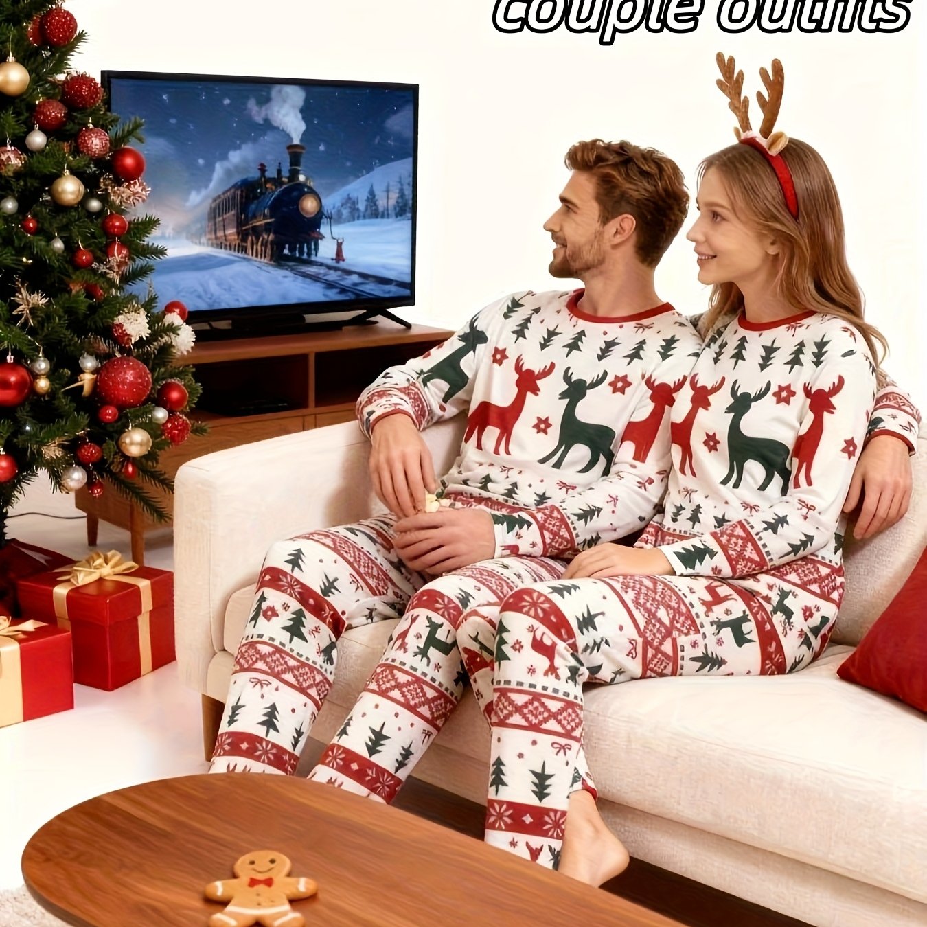 [MEN/WOMEN] Couple Style Christmas Pajamas Loungewear, New Year Gift Christmas Reindeer Print Top with Striped Pants, Long Sleeve Long Pants Pajama Set for Men or Women, Holiday Loungewear Set