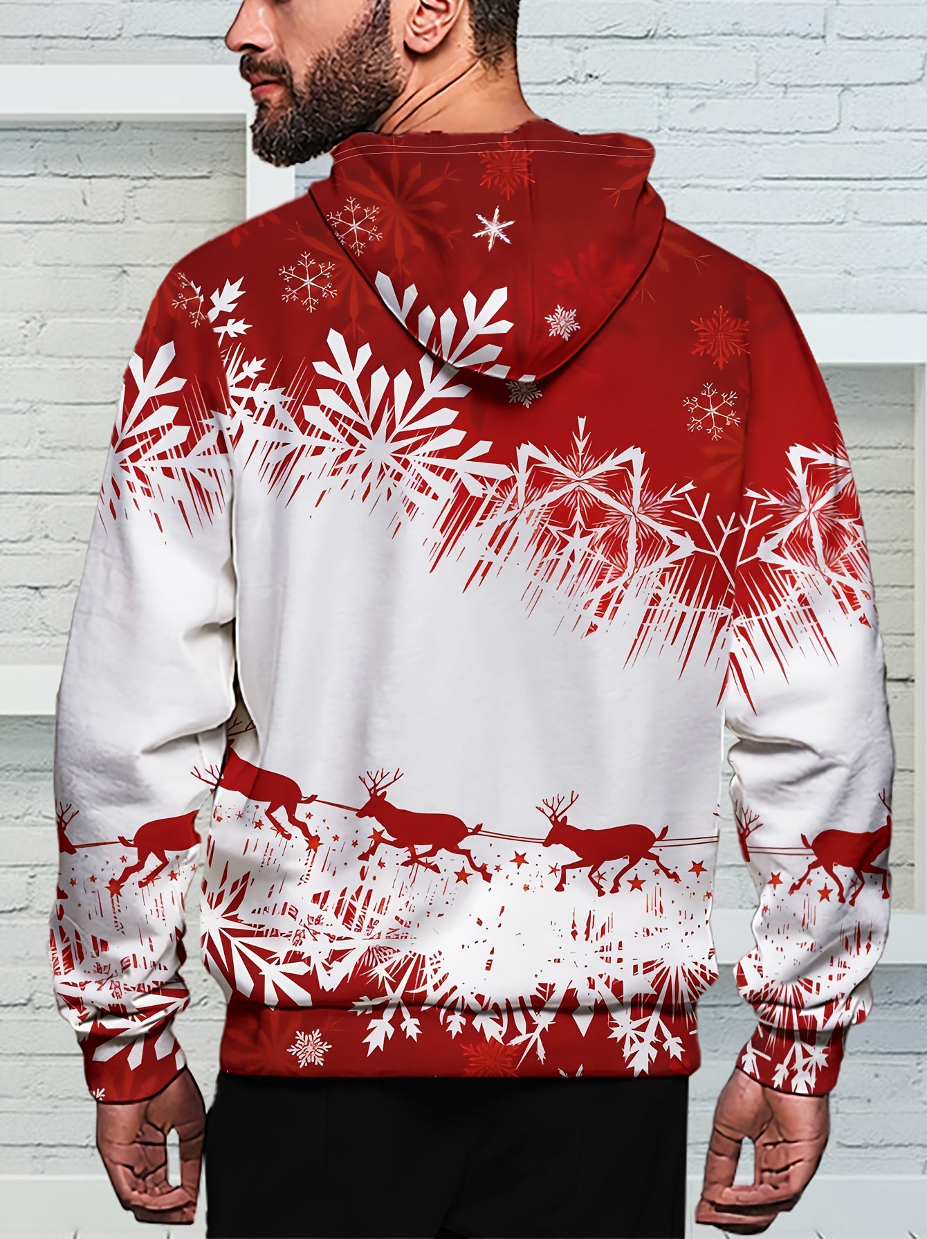 Men's Winter Red & Black Snowflake Print Hooded Sweatshirt - 100% Polyester Casual Pullover Sweater with White Piping, Relaxed Fit for Christmas & New Year's Eve Parties, Machine Washable Spring/Fall Layering Essential (Men's
