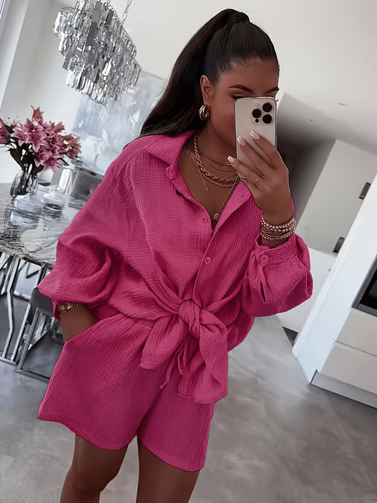 Women’s Hot Pink 2-Piece Waffle Button Shirt & High Waist Shorts Set