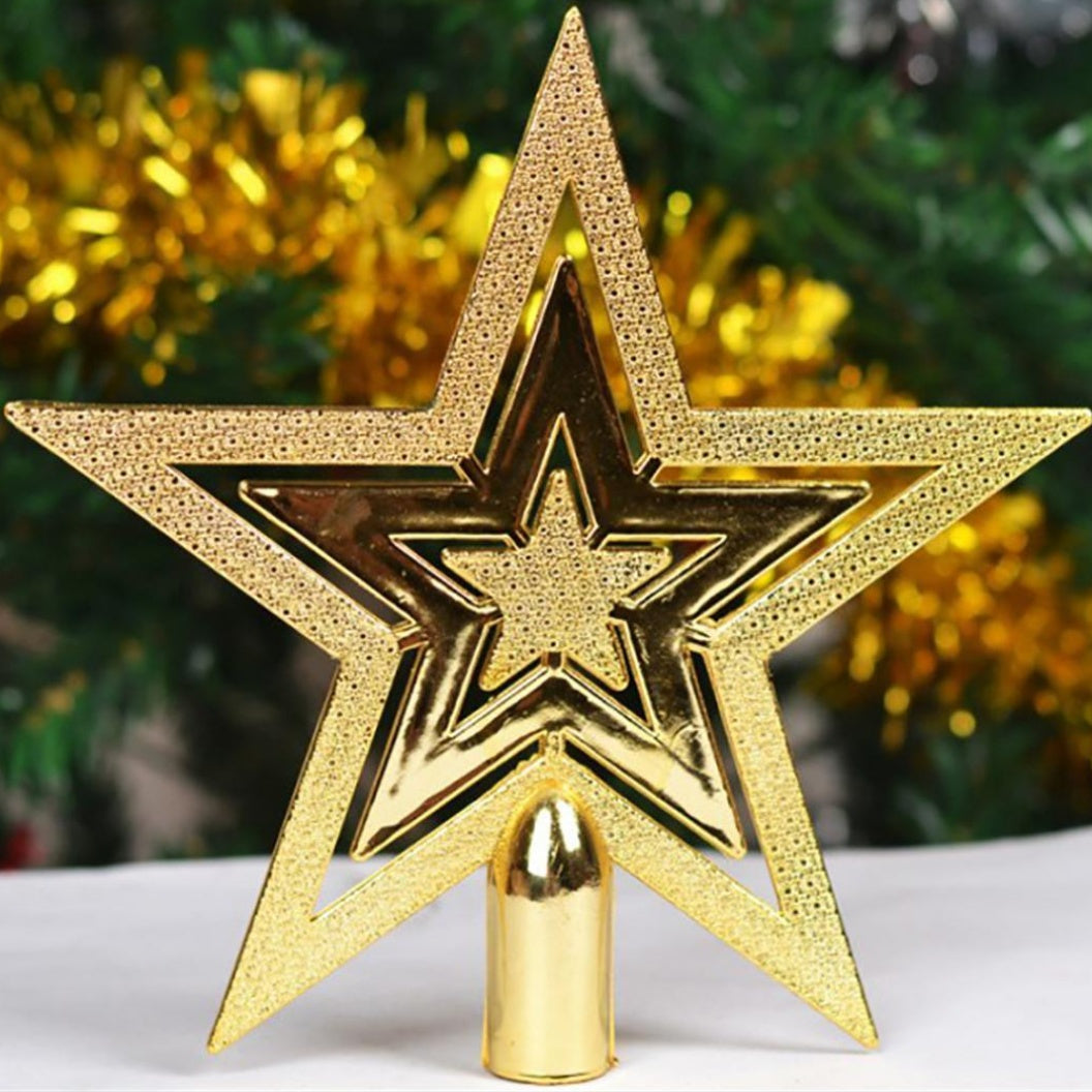Glittering Golden Star Tree Topper - Elegant Shiny Plastic 5-Pointed Star with Sharp Tip & Stable Base, No-Electricity Christmas & Halloween Decoration for Xmas Tree, New Year's, Wedding, Birthday Party Decor - Durable Indoor