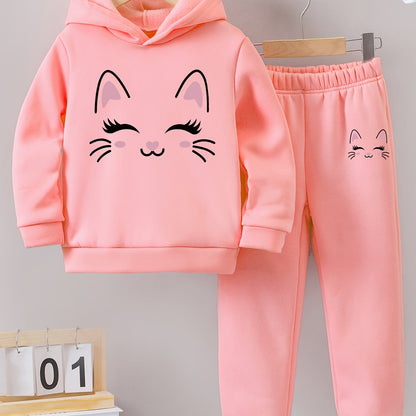 Autumn/Winter Smile Face Kitten Graphic Print Warm Fleece Hooded Sweatshirt And Sports Trousers for Girls, for Outdoor