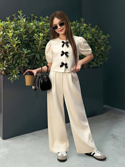 Girls' Casual Puff Sleeve Top & Pants Set for Spring Summer