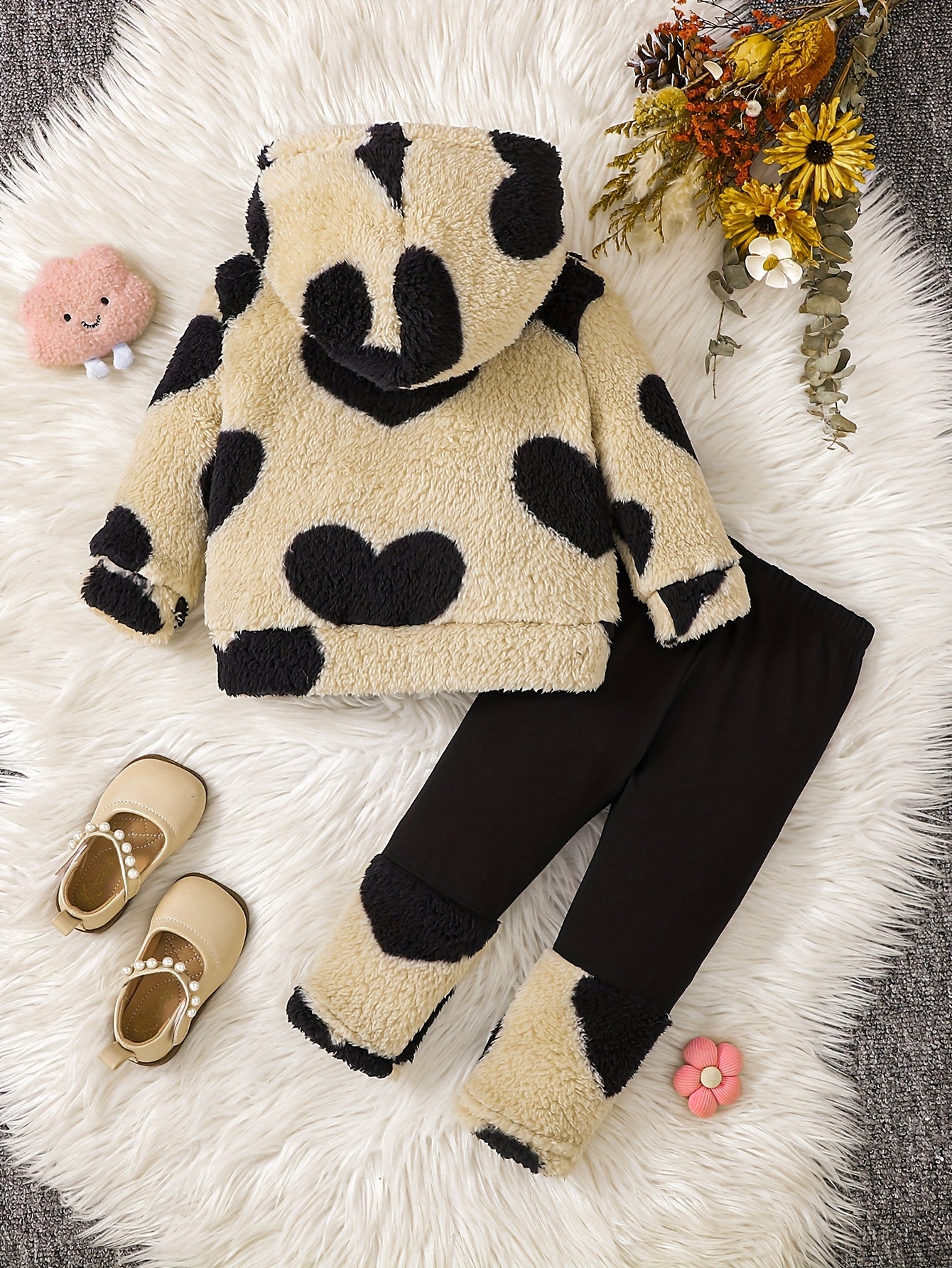 1- Girls' Fashion Casual Heart Print Plush Hoodie and Patchwork Knit Pants Set, Suitable for Autumn and Winter, School, Leisure, Outdoor Sports, Perfect for Outdoor