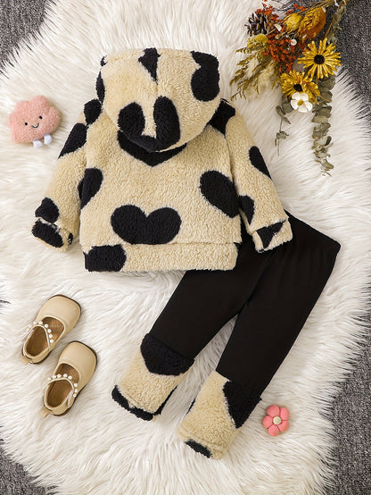 1- Girls' Fashion Casual Heart Print Plush Hoodie and Patchwork Knit Pants Set, Suitable for Autumn and Winter, School, Leisure, Outdoor Sports, Perfect for Outdoor