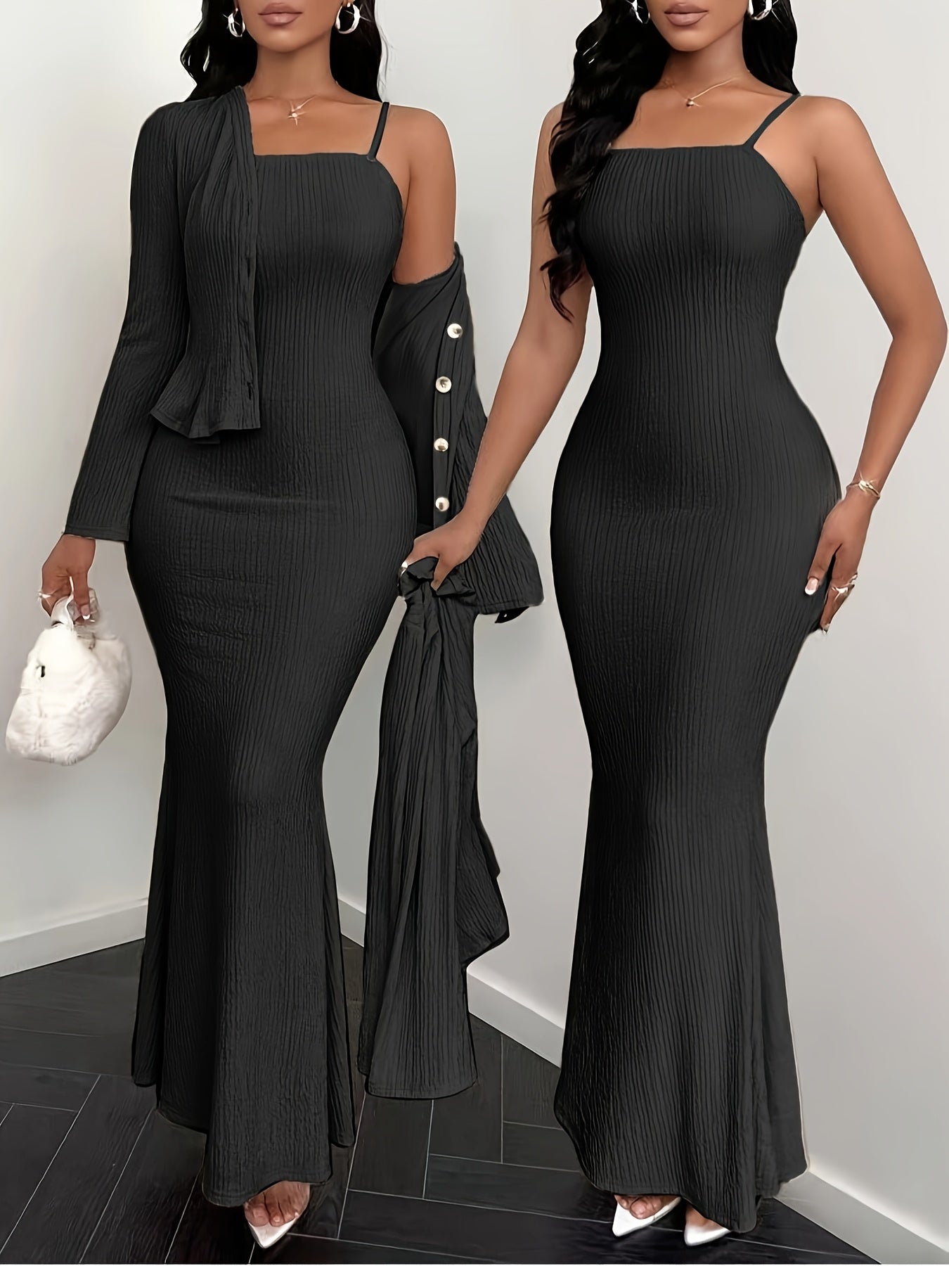 YY0102111 Elegant Solid Color Camisole Dress and Cardigan 2pcs Set, Suitable for Spring Summer Autumn