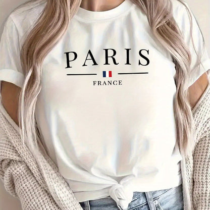 New Arrival: Paris Creative Letter Pattern Printed T-Shirt, Suitable for Women'S Casual Wear, Vacations, Short Sleeves, Round Neck, Spring And Summer, Machine Washable, New Women'S Clothing, Versatile for Outings And Sports.