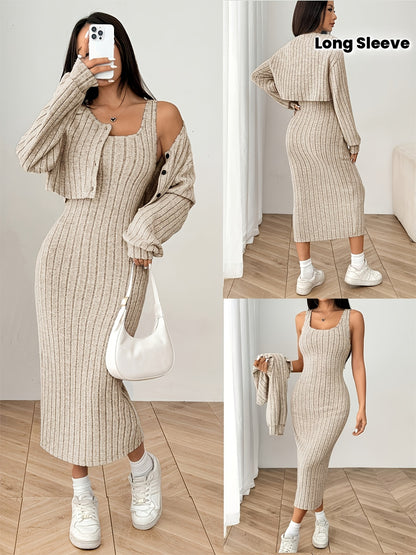 Elegant Fall/Winter Long Sleeve Cardigan and Dress Set