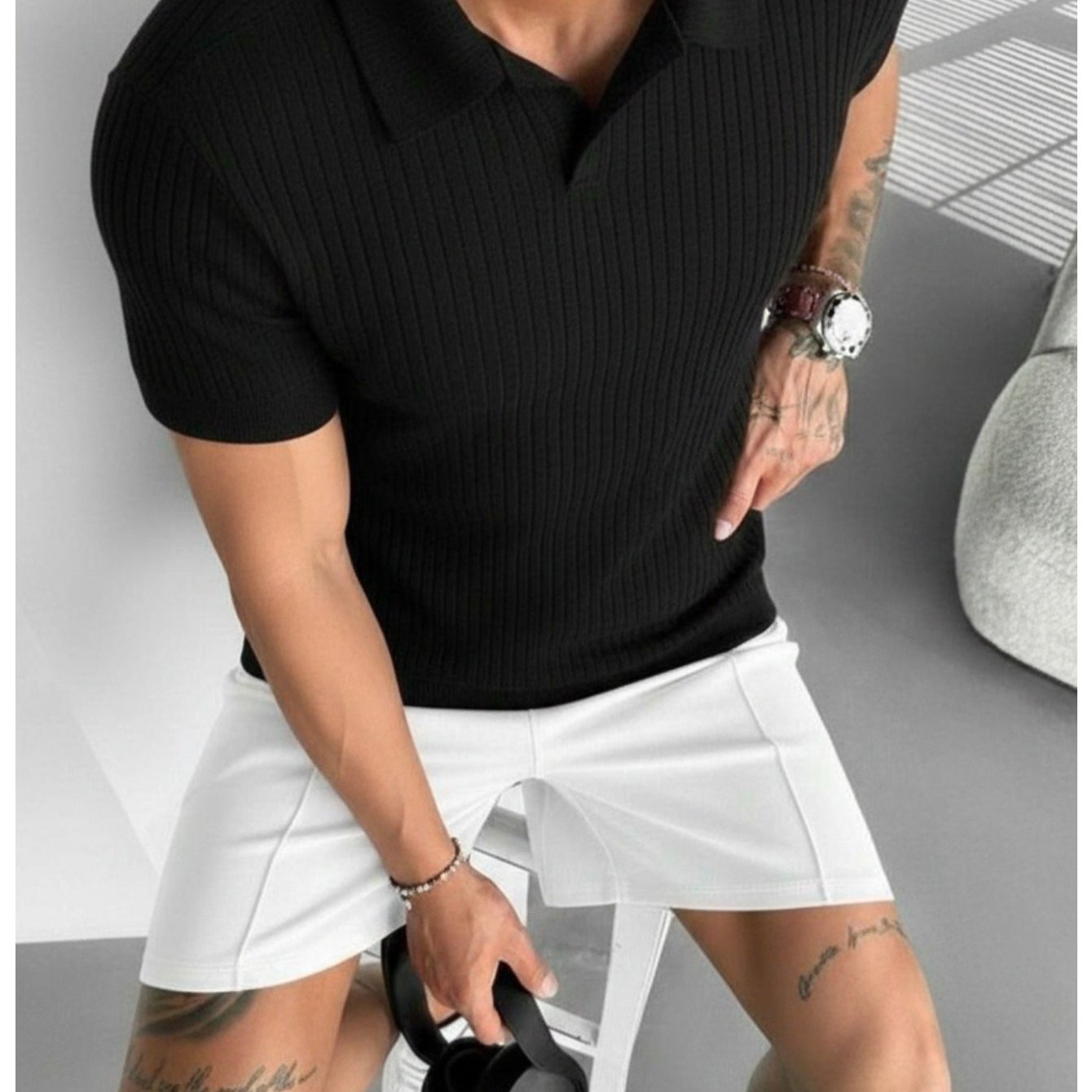 Men's Lapel Short-Sleeve Sweater - Rugged and Handsome Street Style Men's Ribbed Collar Short-Sleeve Top, Made of Breathable and Skin-friendly Special Material. Features a Slim-fit Micro-stretch Design for Unrestricted Moveme - ayq