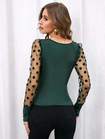 New Style U-Neck Mesh Spliced Polka Dot Long Sleeve Solid Color Fitted Casual Versatile Top