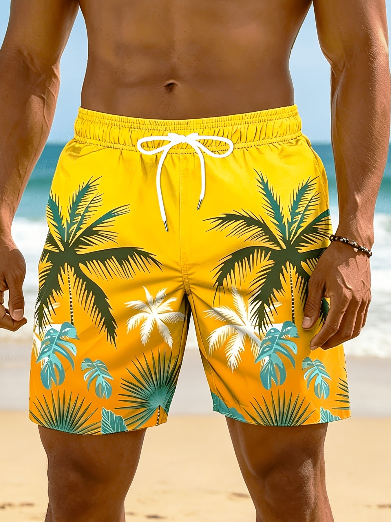 Plus Size Men's Palm Tree Print Beach Shorts, Breathable Polyester