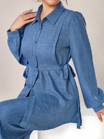 Stylish and Elegant Casual Two-Piece Women's Outfit with Side Tie Single-Breasted Shirt and Wide-Leg Pants for Office Wear