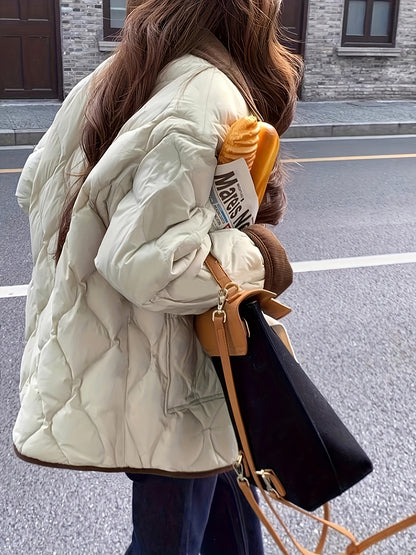 Women's Navy Blue Quilted Jacket with Faux Fur Trim - Elegant Long Sleeve Outerwear, Polyester, Button-Up Front, Warm & Stylish for Winter