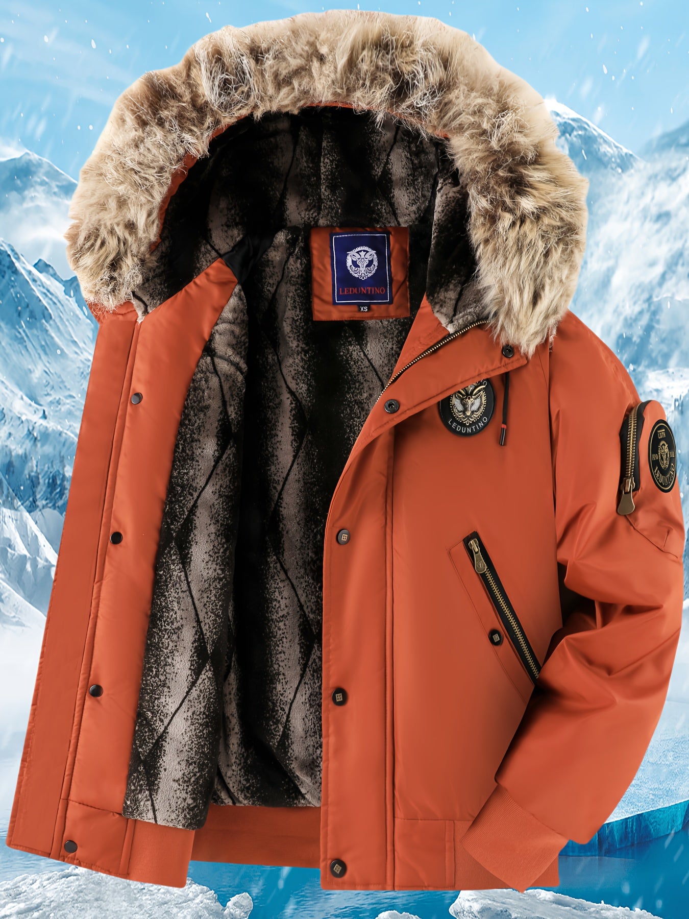 Men's Winter Coat - New Warm Hooded Jacket with Golden Print Accents, Loose Fit Casual Outerwear for Cold Weather, Machine Washable, Thick Comfort Plush Lining