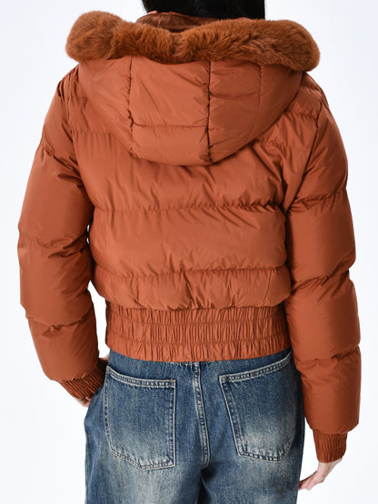 Elegant Polyester Padded Jacket for Women - 2024 Fashion Short Solid Color Coat with Thick Faux Fur Collar, Long Sleeves, Zipper Detail, Woven - Winter Warmth Casual Outerwear