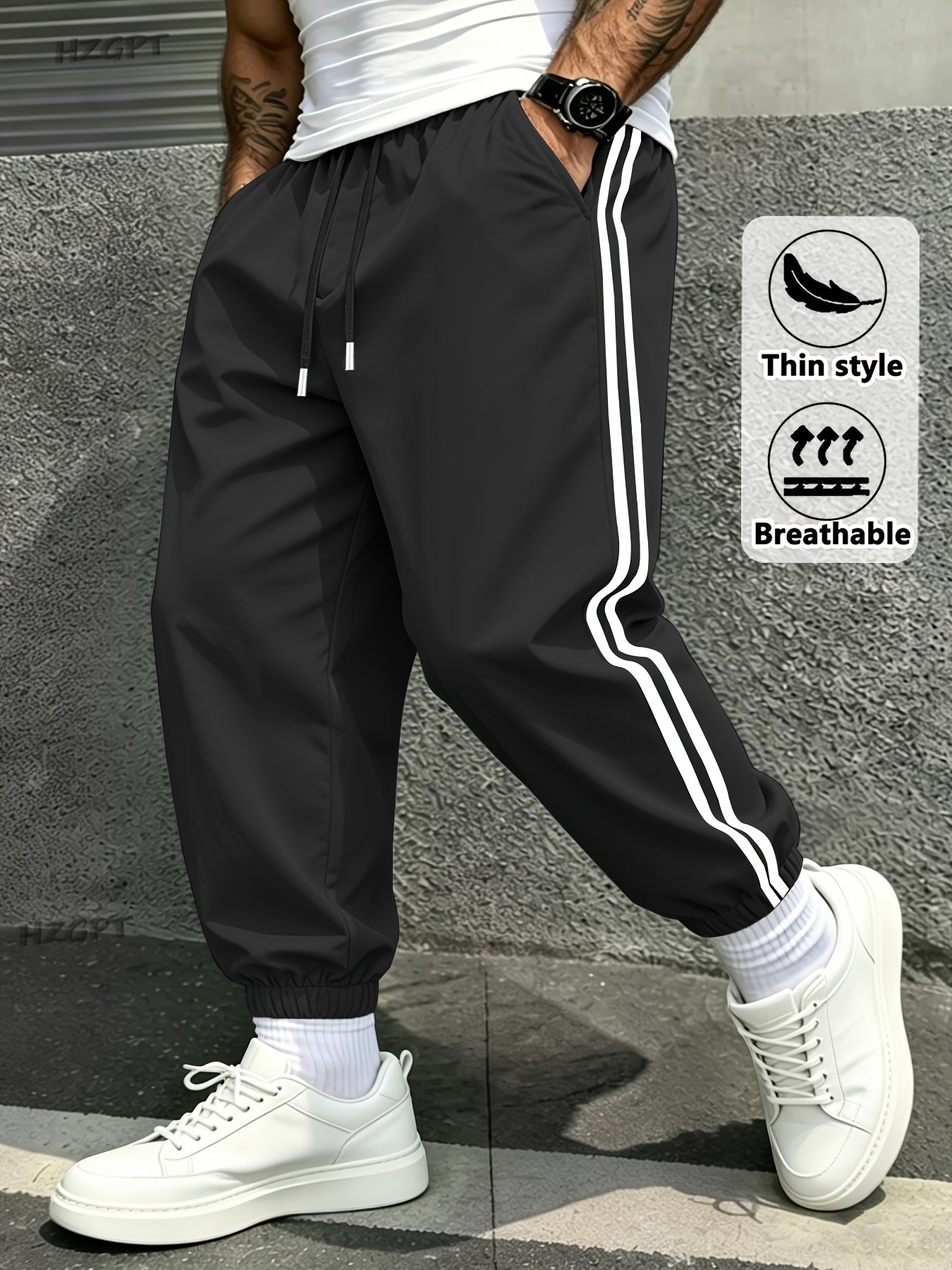 Men's Side Stripe Athletic Cargo Joggers with Drawstring Waist