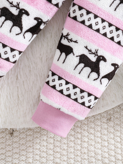 2pcs Girls' Cute Deer Print Fashionable Thick Flannel Set for Autumn/Winter, Soft and Comfortable Warm Outfit, Versatile Casual Attire with Outdoor Activities, Winter Clothing, Autumn Fashion, Stylish Kids' Wear, Playful Desi