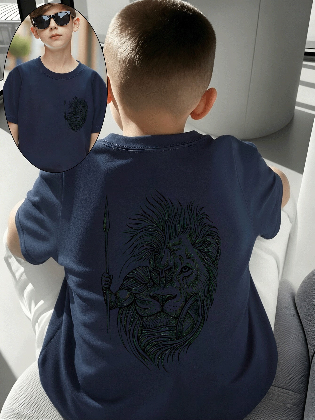 Boys' Cotton T-Shirt with Lion Warrior Print - Casual Summer Top