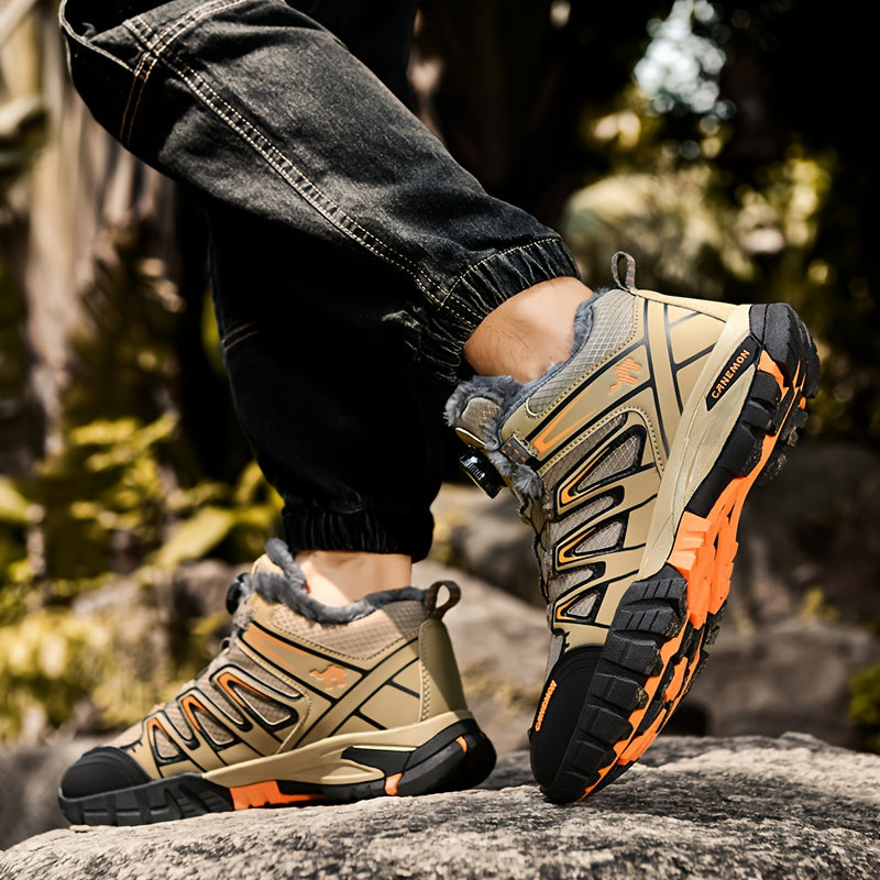 CANEMON Men'S Winter Sports Sneakers - Comfortable, Non-Slip, Durable, Thickened Mid-Top Lace-Up Shoes with Striped & Checkered Patterns, Warm Fabric Upper & TPR Sole for Hiking, Outdoor Activities, and Snowy Terrain, Winter