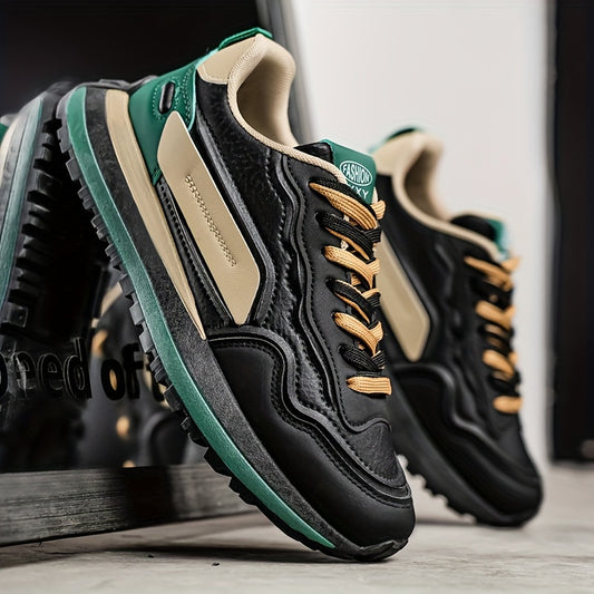 Men's Retro Color-Block Casual Sneakers with Thick Platform Sole for Height Increase - Black  Golden Stripes, PU Upper  Durable PVC Outsole, All-Season Versatile Lace-Up Shoes for Outdoor, Daily Wear  Casual Style, High To