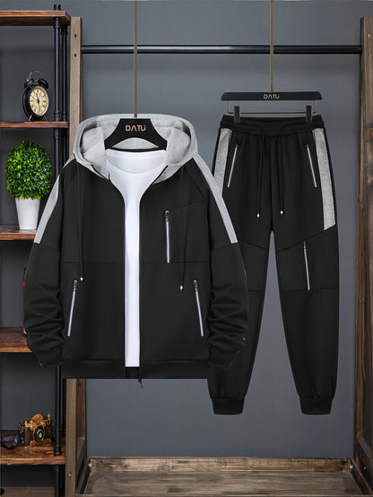 Men's Casual 2-Piece Outfit, Men's Stylish Zip-up Hoodie With Pockets, Color Block Drawstring Pants