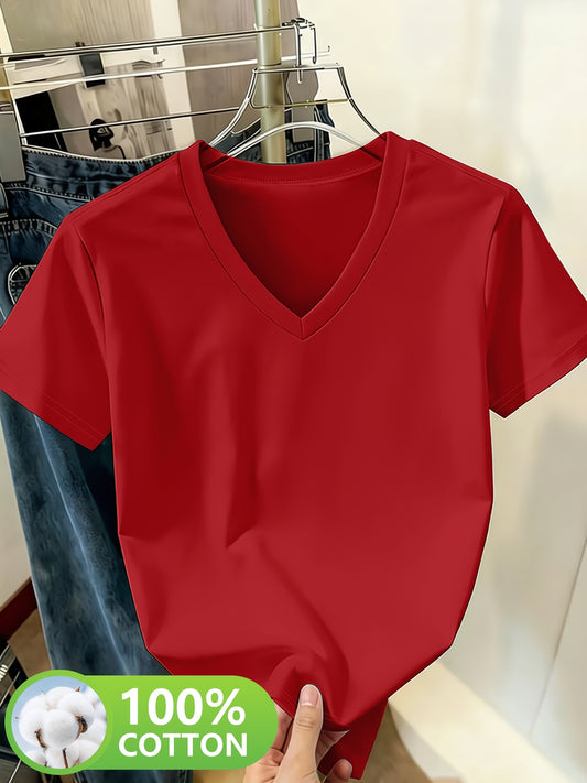 Women’s Cotton V-Neck Short Sleeve Casual T-Shirt - ayq