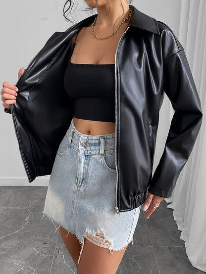 Women's Stylish Black Jacket - Casual Zip-Up with Lapel Collar, Long Sleeves & Side Pockets for Spring/Fall