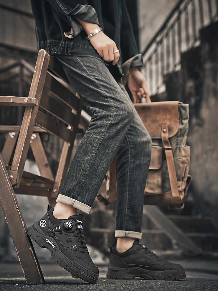 Men's Solid Color Skate Sneakers - Adjustable Rotating Buckle Straps, Slip-Resistant PVC Sole  Durable PU Upper, Low-Top Lace-Up Design for Hiking, Walking, Daily Wear - All-Season Casual Streetwear Shoes, Skate Shoes