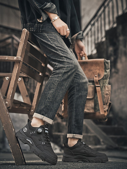 Men's Solid Color Skate Sneakers - Adjustable Rotating Buckle Straps, Slip-Resistant PVC Sole  Durable PU Upper, Low-Top Lace-Up Design for Hiking, Walking, Daily Wear - All-Season Casual Streetwear Shoes, Skate Shoes