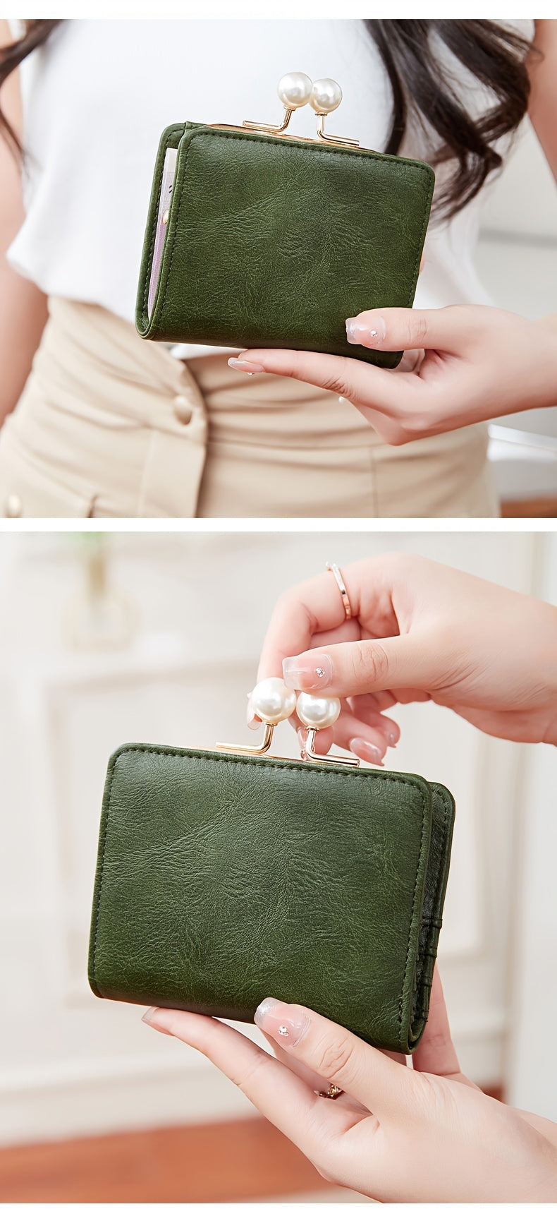 Women's Wallet Short Compact Three Layer LargeCapacity Retro Pearl Wallet High Quality PU Multi Card Seat/Coin ZeroWallet