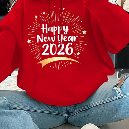 Women'S Pink "Happy New Year 51.46meter Print Hoodie - Cozy Casual Pullover with Golden Glittery Lettering, Long Sleeves, and Drawstring Hood, Perfect for Winter Celebrations, Winter Hoodie | Festive Print Hoodie | Stretchy F