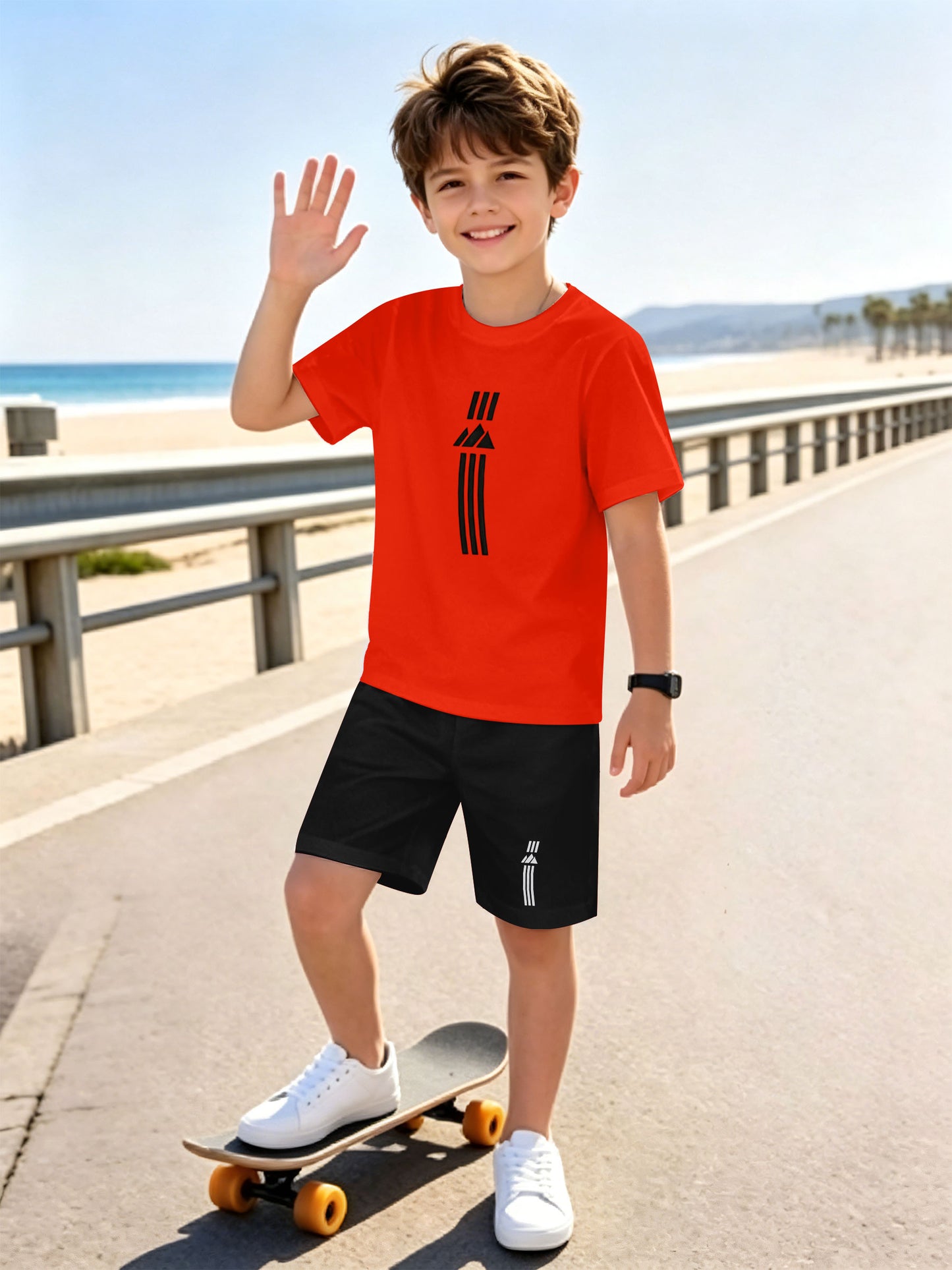 Boys' Casual Short Sleeve & Shorts Set with Geometric Print