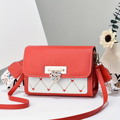 Chic Versatile Women’s Shoulder Bag with Cute Heart Pattern - Adjustable Strap, Magnetic Closure, in Pink, Green, Blue, Black, Casual Crossbody Bag | Playful Heart Design | Decorative Zipper Charm