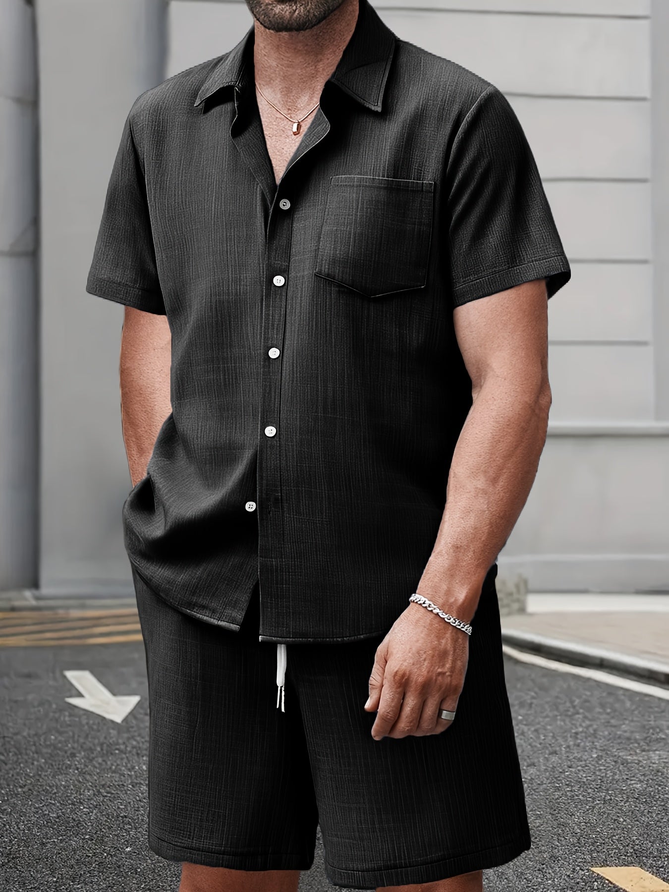 Men's Summer Casual Solid Color Shirt and Shorts Set