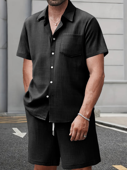 Men's Summer Casual Solid Color Shirt and Shorts Set