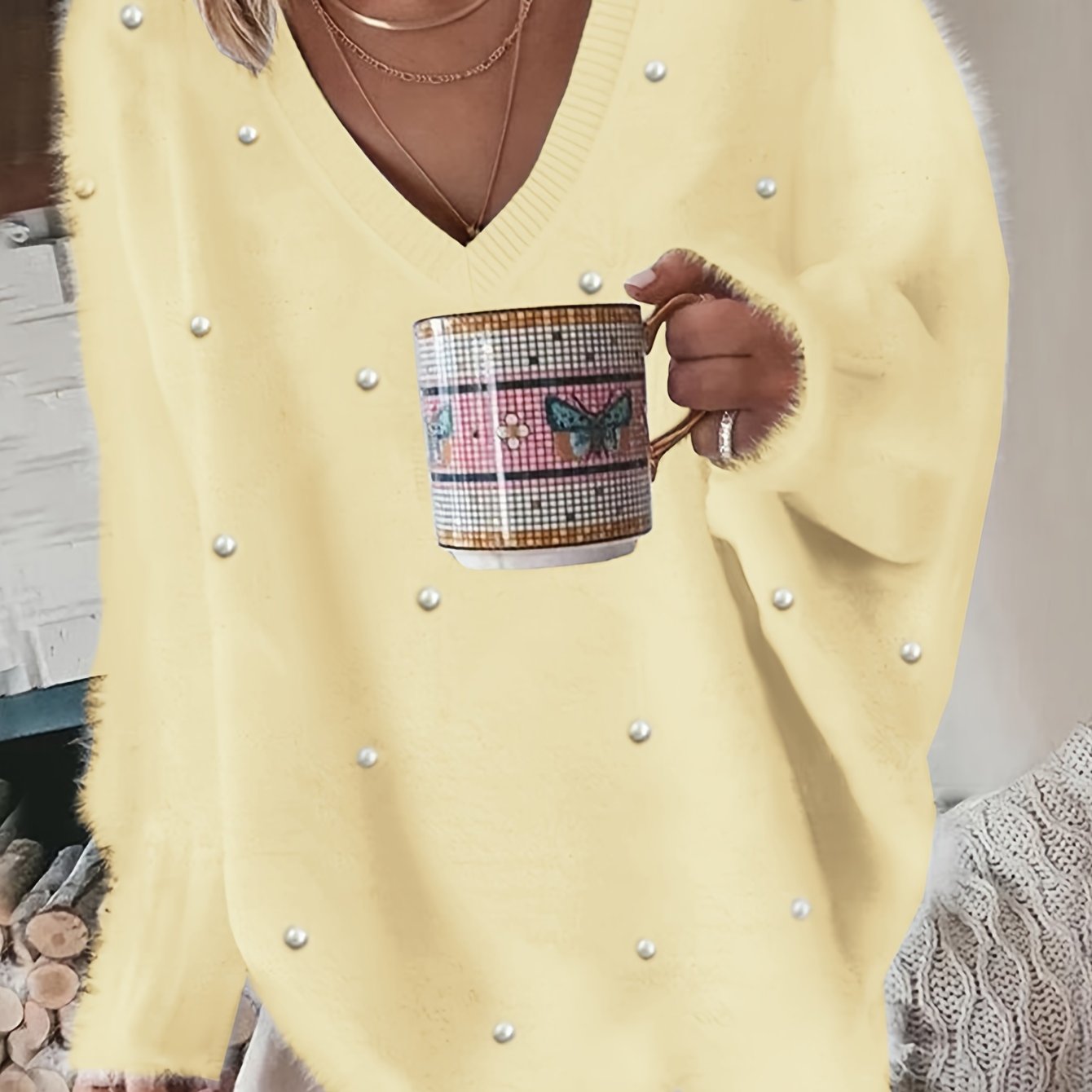 Plus Size - Women'S Cozy Yellow V-Neck Sweater with Pearl Buttons & Fleece-Lined Cuffs - Asymmetrical Hem, Geometric Pattern, Casual Winter Pullover for Casual Attire, Winter Apparel | Vneck Sweater | Pearl Button Details, Sw