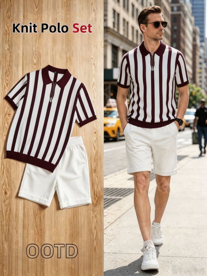 Men's Striped Half-Zip Knit Polo & Elastic Waist Shorts Set