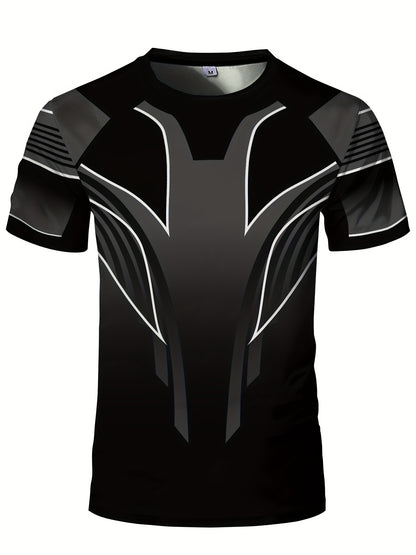 Men'S Slim Fit Breathable T-Shirt with Intricate Black  White Geometric Print - Moisture-Wicking Polyester-Spandex Blend, Machine Washable, Round Neck Short Sleeve for Summer Casual Wear, Gym, Hiking  Outdoor Activities
