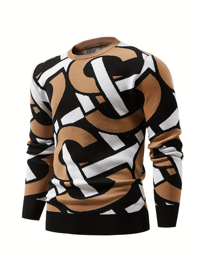Temujin OBM Men's Fashion New Jacquard Color-Block Knit Long Sleeve Pullover Sweater