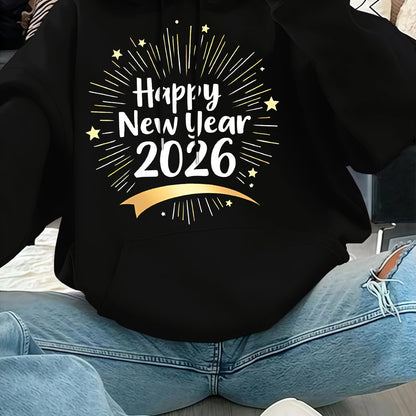 Women'S Pink "Happy New Year 51.46meter Print Hoodie - Cozy Casual Pullover with Golden Glittery Lettering, Long Sleeves, and Drawstring Hood, Perfect for Winter Celebrations, Winter Hoodie | Festive Print Hoodie | Stretchy F