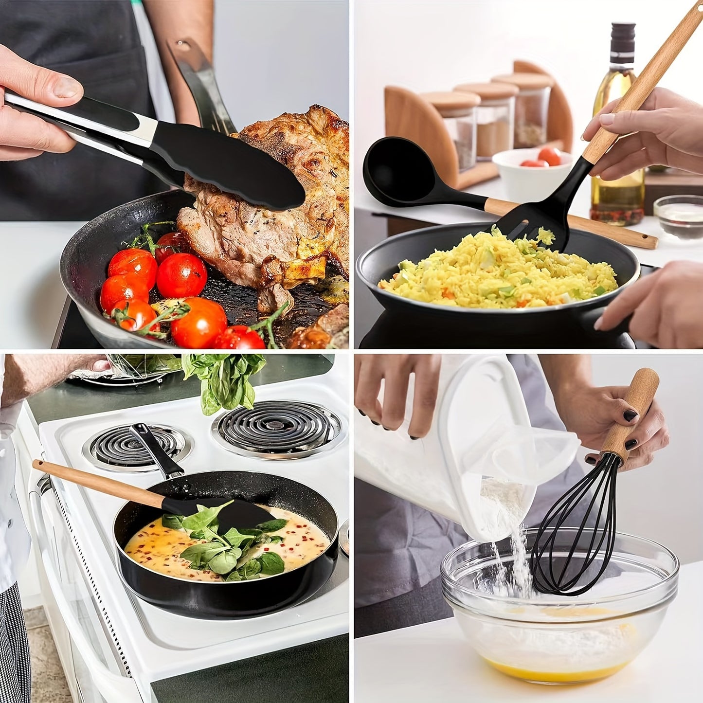 12pcs, wooden handle silicone kitchenware 12 sets, high temperature silicone spatula, spoon, cream spatula, slotted spoon, spaghetti grab, thick spoon, non-stick cooking spoon set, kitchen cooking tools, silicone kitchen uten