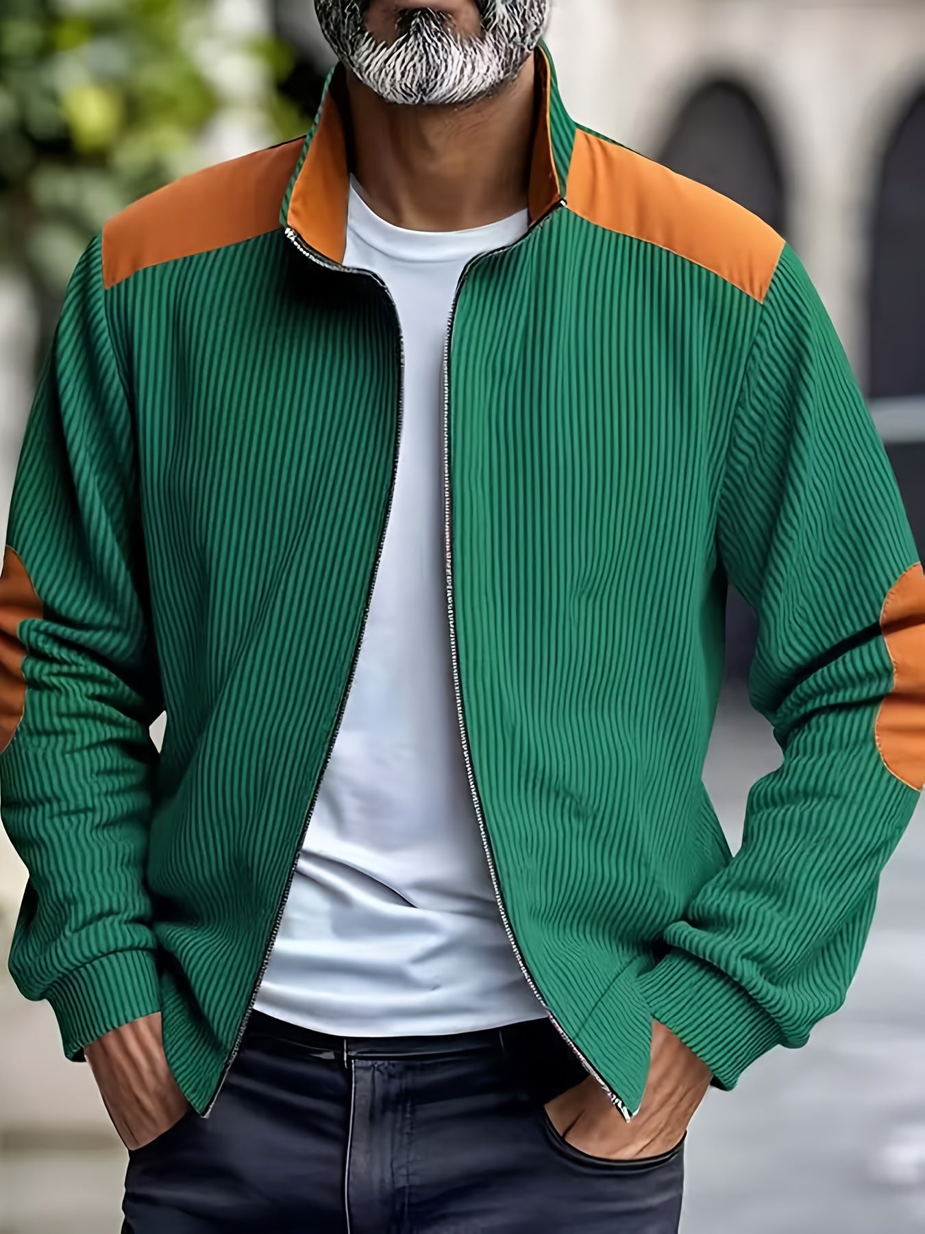 Men'S Long Sleeve Patchwork Fashion Warm Jacket, Corduroy Long Sleeve Warm Coat with Zipper Stand Collar Long Sleeve Casual Comfortable Autumn and Winter Style