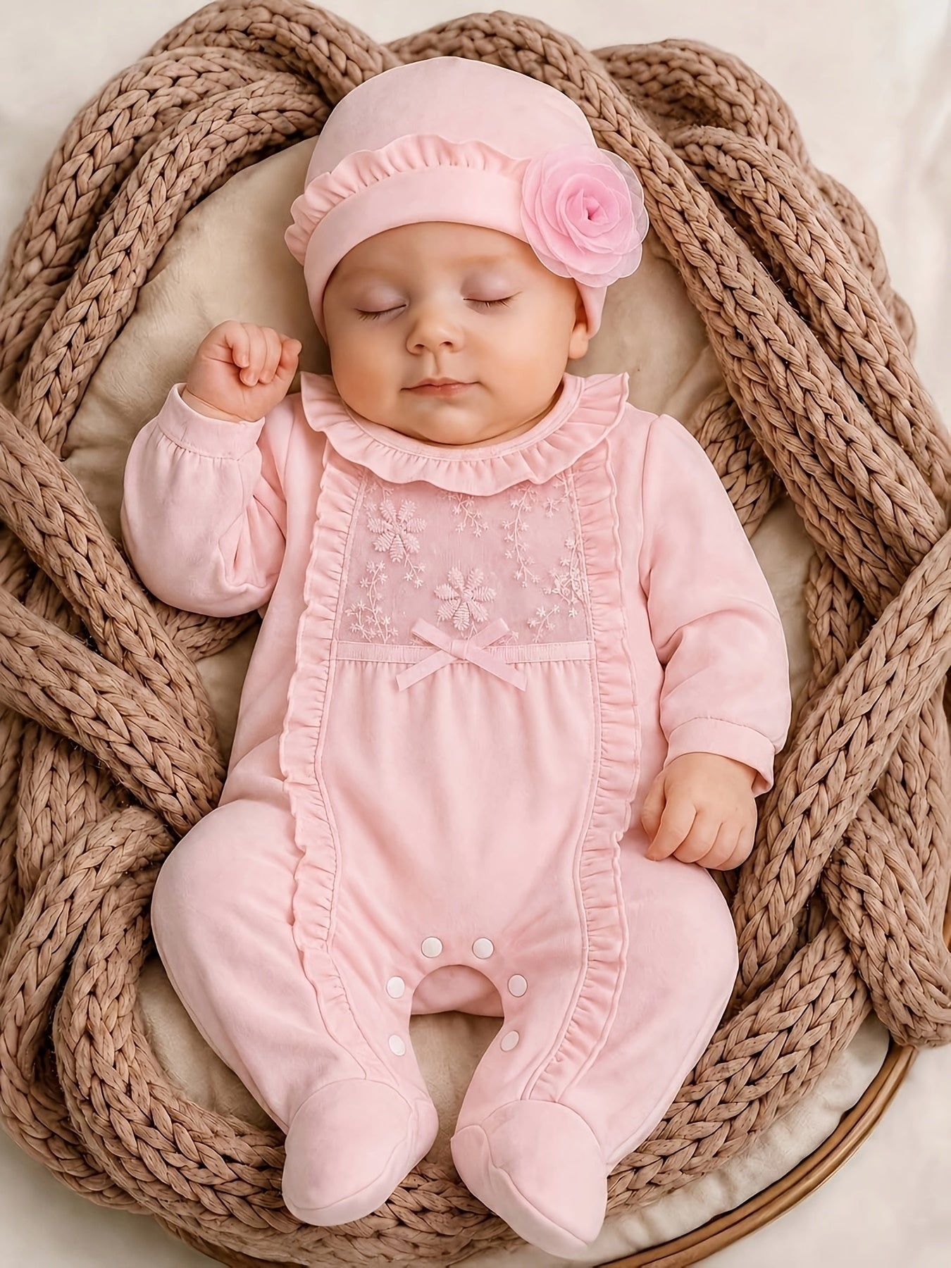 Baby Girl Cotton Romper Set with Ruffle Trim and Hat 0-12m